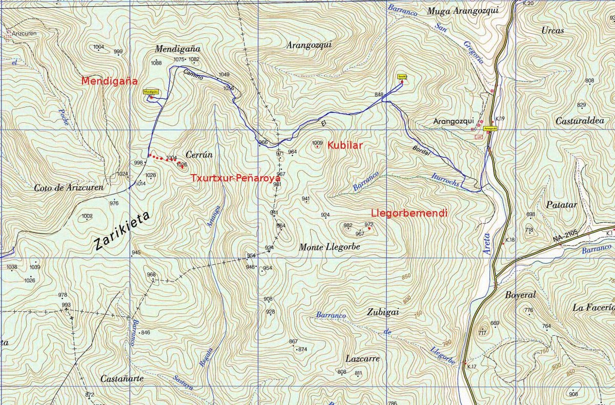 MAPA: Mendigaña inguruko mendiak